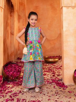 Lil Pitaara - Blue and Pink Printed Cotton Girls Palazzo Set