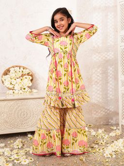 Lil Pitaara - Yellow and Pink Cotton Girls Sharara Set