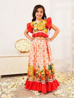 Lil Pitaara - Orange Printed Cotton Girls Lehenga Set