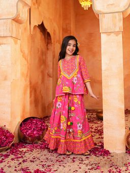 Lil Pitaara - Pink Printed Pure Cotton Girls Lehenga set