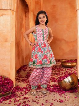 Lil Pitaara - Pink and Red Floral Printed Girls Afghani Set