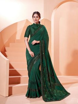 Odette - Deep Green Elegant Lycra Saree with Unstitched Blouse