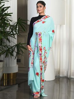 Beatitude - Blue Hand Embroidered Kashmiri Saree with Unstitched Blouse