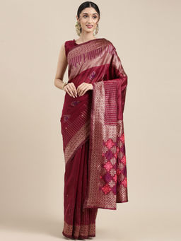 Sareemall - Womens Silk Blend Magenta Woven Design Saree with Unstitched Blouse