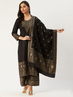 Safaa - Black Viscose Acrylic Wool Women Suit Dress Material Unstitched (Set of 3)