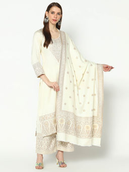 Safaa - OFF White Viscose Acrylic Wool Women Suit Dress Material Unstitched (Set of 3)