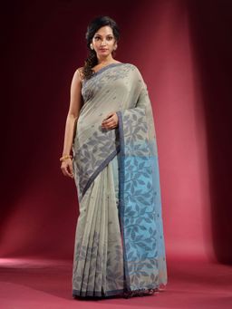 CHARUKRITI - Grey with Geometric Buttas and Foliage Pattern Saree with Unstitched Blouse