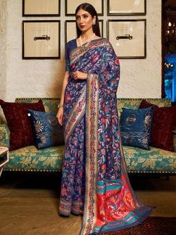 Akhilam - Women'S Modal Navy Blue Floral Woven Saree With Blouse Piece with Unstitched