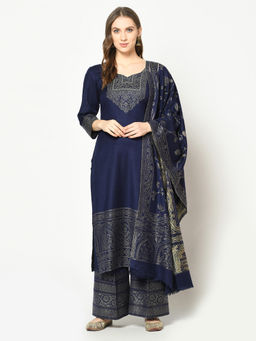 Safaa - Navy Blue Self Design Woollen Unstitched Dress Material (Set of 3)