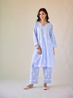 Old Marigold - Halls Blue Cotton Hand Embroidered Chikankari Co-Ord (Set of 2)