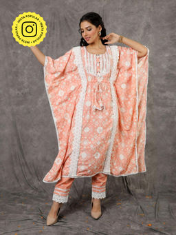 Ishnya - Noor By - Peach Long Kaftan With Embroidered Pants (Set of 2)