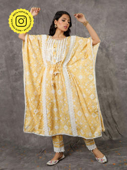 Ishnya - Noor By - Yellow Long Kaftan With Embroidered Pants (Set of 2)