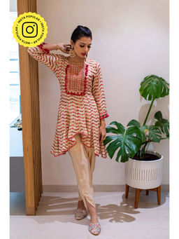 Ishnya - MATARGASHTI - Beige & Red High Low Kali Kurta with Tulip Pants (Set of 2)