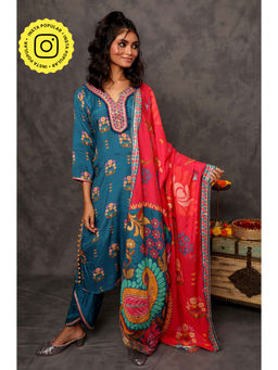 Ishnya - Geet Celadon Blue Printed Kurta with Pants & Dupatta (Set of 3)