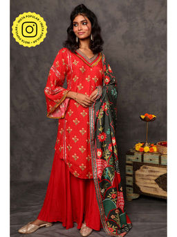 Ishnya - Geet Scarlet Red Kurta with Palazzos & Dupatta (Set of 3)