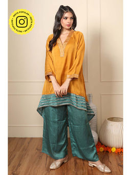 Ishnya - Rooh Mustard Colorblock High Low Kurta with Palazzos (Set of 2)