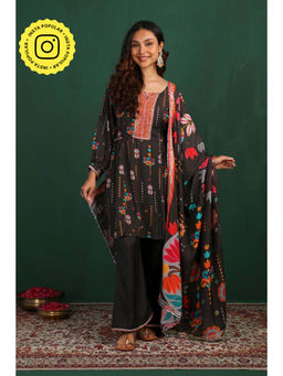 Ishnya - Geet Black Floral Kurta With Palazzo & Dupatta (Set of 3)