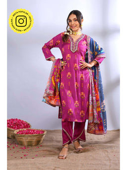 Ishnya - Geet Purple Floral Kurta With Pant & Dupatta (Set of 3)
