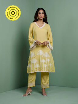 Ishnya - Zaha Pastel Yellow Embroidered Kurta with Pant (Set of 2)