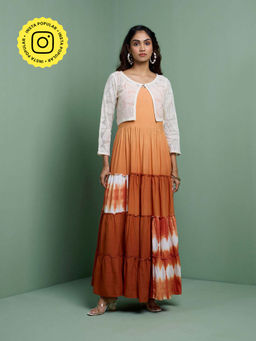 Ishnya - Leher Brown Ombre Tiered Gown With Embroidered Jacket (Set of 2)