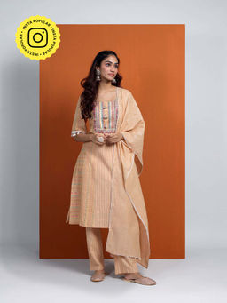 Ishnya - Hoor Beige Kurta Pant and Dupatta (Set of 3)