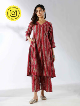 Ishnya - Maroon Stripped Printed Kurta and Palazzo (Set of 2)