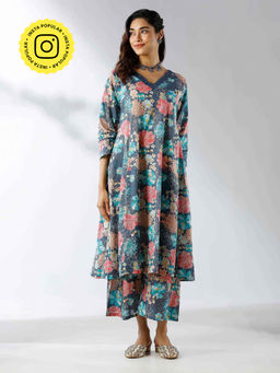 Ishnya - Dark Blue Printed Kurta and Palazzo (Set of 2)