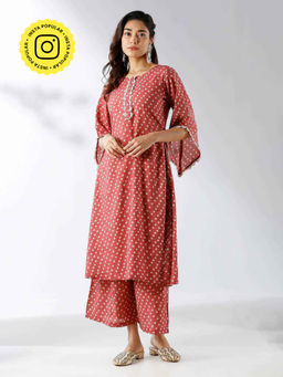 Ishnya - Red Bandhani Print Kurta and Palazzo (Set of 2)