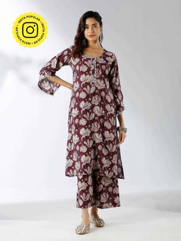 Ishnya - Wine Floral Printed Kurta and Palazzo (Set of 2)