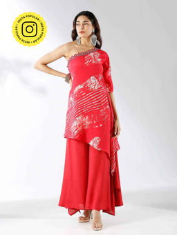 Ishnya - Red One Shoulder Kurta & Palazzo (Set of 2)