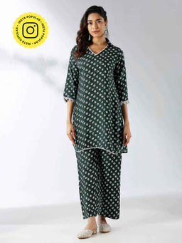Ishnya - Dark Green Printed Kurta & Pant (Set of 2)
