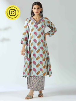 Ishnya - Steel Blue Printed Kurta with Palazzo (Set of 2)