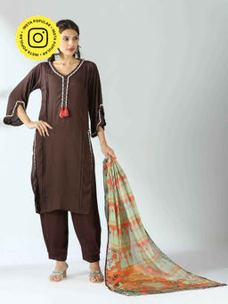 Ishnya - Malang Brown Kurta with Salwar and Dupatta (Set of 3)