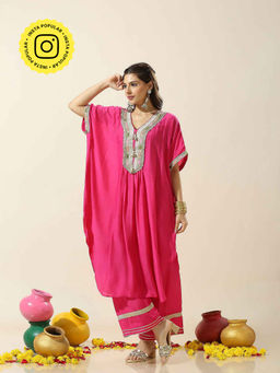 Ishnya - Raas Pink Solid Batwing Sleeves Kaftan with Palazzo (Set of 2)