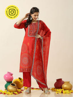 Ishnya - Heeriye-Red Bandhani Kurta with Pant and Dupatta (Set of 3)
