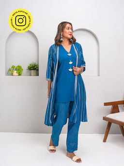 Ishnya - Ranga- Cobalt Blue Kurta With Pant And Jacket (Set of 3)