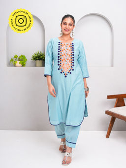 Ishnya - Zaib-Powder Blue Embroidered Kurta With Pant (Set of 2)