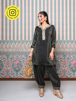 Ishnya - Passori -Black Shimmer Pathani Kurta With Palazzo (Set of 2)