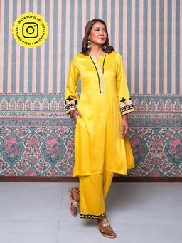 Ishnya - Jhoom Sun Yellow Embroidered Kurta with Palazzo (Set of 2)