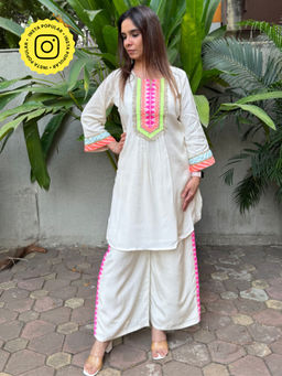 Ishnya - Jugni White Solid Kurti with Palazzo (Set of 2)