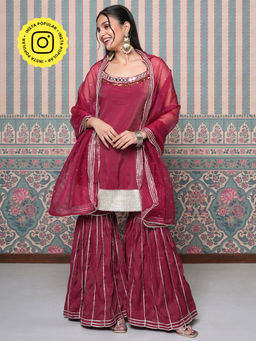 Ishnya - Passori Maroon Embroidered Sharara with Kurti and Dupatta (Set of 3)