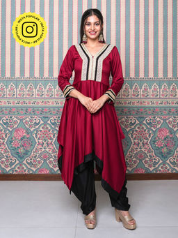 Ishnya - Maroon High Low Kurta with Salwar Pant (Set of 2)