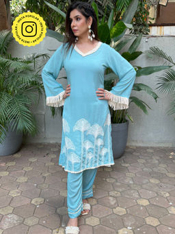 Ishnya - Zaha Pastel Blue Embroidered Kurta with Pant (Set of 2)