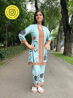 Ishnya - Sehaj-Sky Blue Floral Printed Co-Ord (Set of 2)