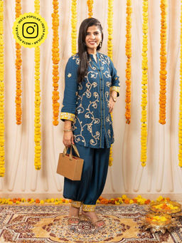 Ishnya - Nazm- Teal Blue Embroidered Kurta With Salwar