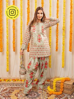 Ishnya - Aafreen- Green Floral Printed Kurti With Salwar And Potli Bag
