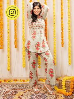 Ishnya - Aafreen- Sage Green Floral Printed Co-Ord Set