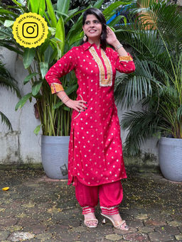Ishnya - Womens Printed Red Kurta with Salwar Pant