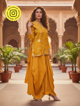 Ishnya - Mustard Short Kurti with Draped Skirt