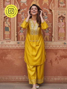 Ishnya - Fitoor- Saffron Yellow Embroidered Kurta with Pant